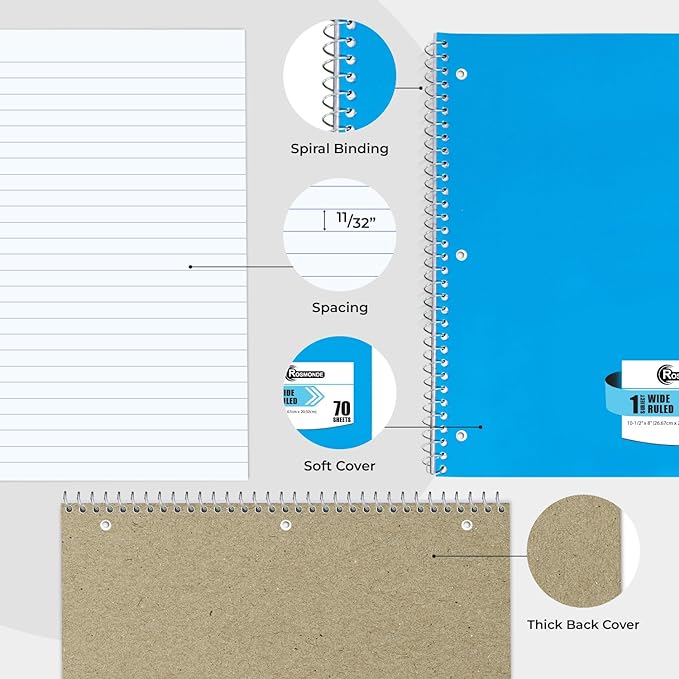 Rosmonde 50 Pack, 1 Subject Spiral Notebook Wide Ruled Bulk, 140 Pages (70 Sheets), Thick No-Bleed Paper, 8 x 10-1/2", 3 Hole Punched, 1 Subject Spiral Notebook Bulk, Bulk Subject Notebook