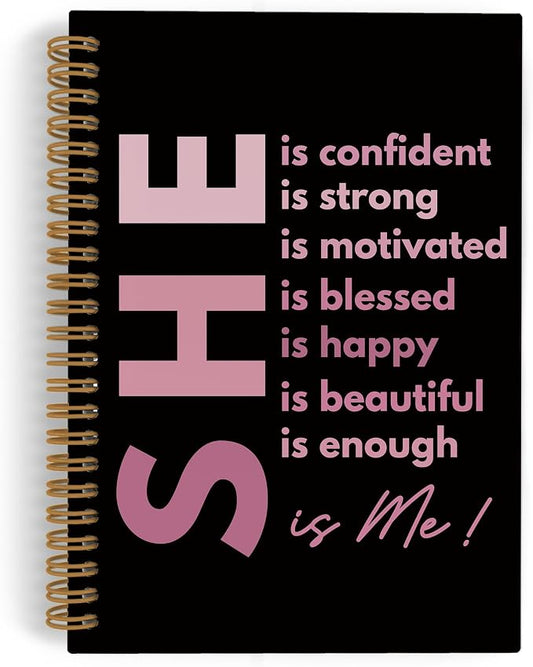 She Is Me Inspirational Spiral Notebook, Self Care Journal Notebook, Black Pink Self Love Notebooks for School Work, Positive Affirmations Office Supplies Gifts for Women Girls, 5.5x8.3 Inch