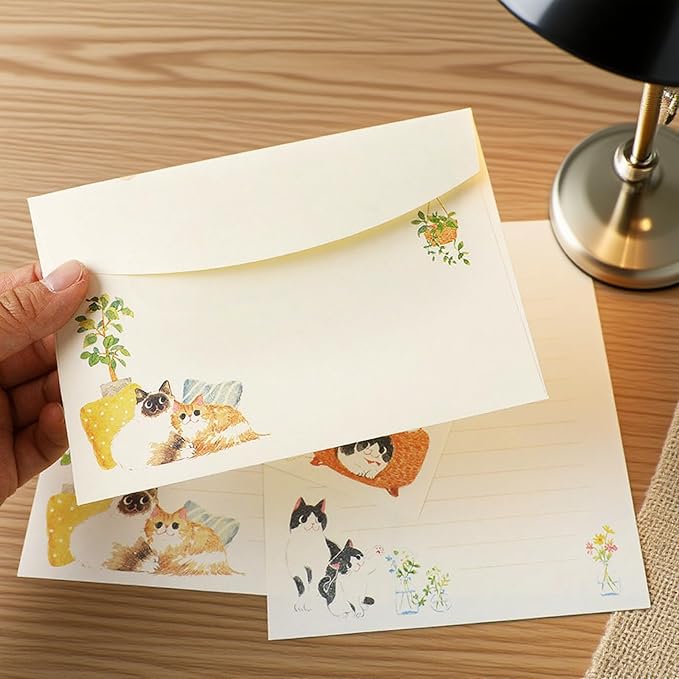 37 Pcs Stationery Paper Envelopes Set Includes 24 Lined Writing Paper & 12 Envelopes with 48 Colorful Round Dot Stickers, Cute Cat Letter Writing Stationery Paper Envelopes Gift (4Style)