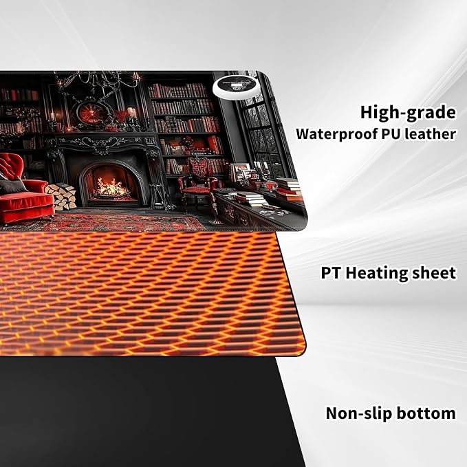 Heated Desk Pad Mouse Pad,Heated Desk Mat,with 3 Heating Levels & 3 Hours Auto Shut-Off,Leather 23.6"*14.2" Gaming Mouse Laptop Mat,Foot Warmer,Retro Bookshelf Red