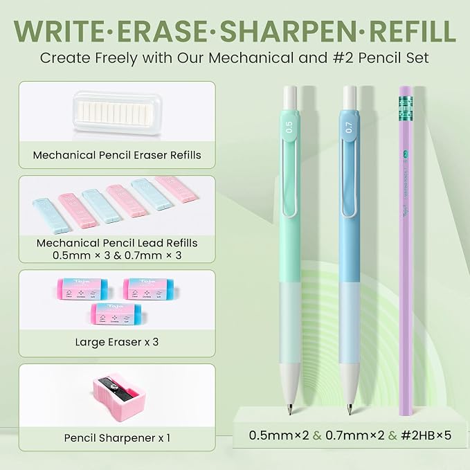 Cute Pencil Case With Supplies, 39 PCS Aesthetic Stationery Set with Pencil Pouch, 6 Black Ink Gel Pens, 12 Pastel Highlighters, 5 #2 HB Pencils, 4 Mechanical Pencils, Back to School Supplies - Green
