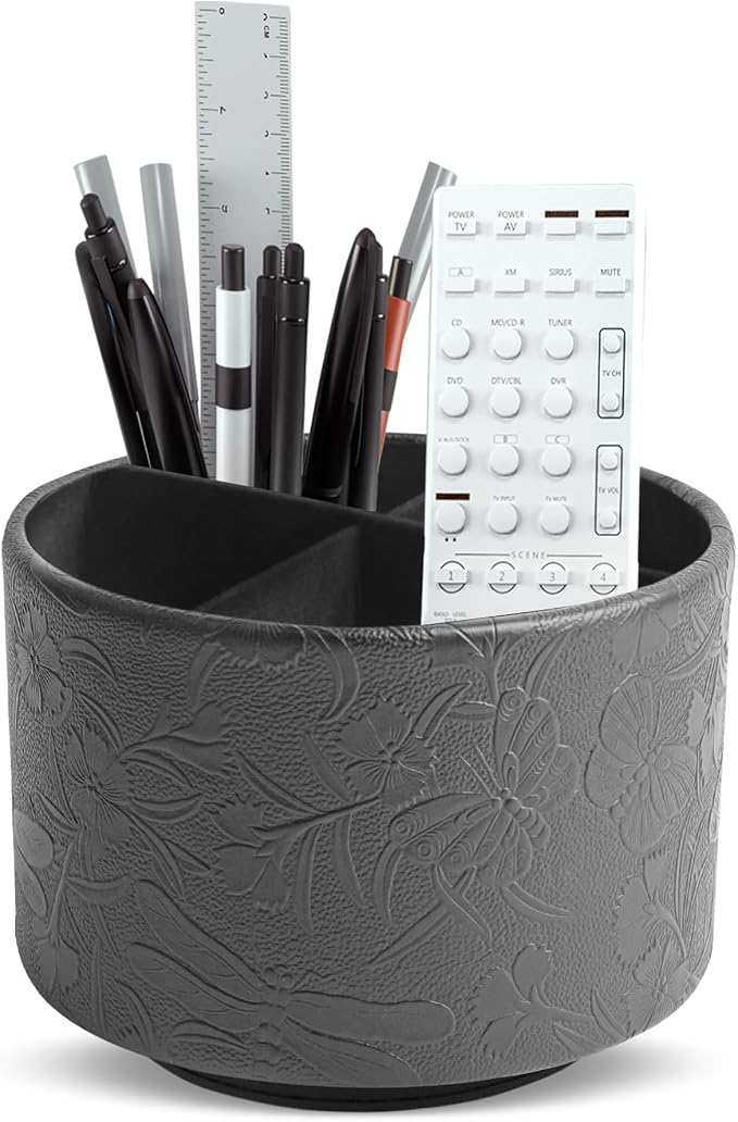 Round Leather Art Supply Organizer,Remote Control Holder,360-degree Rotating Pen Organizer with 4 Compartments(1-Butterfly Black)