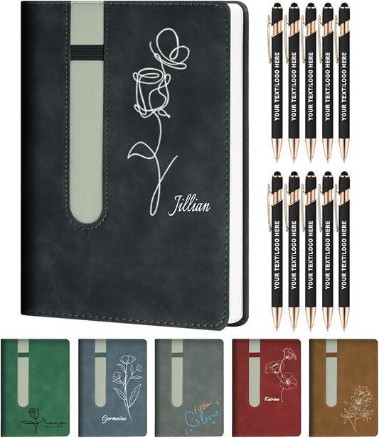 ENOMY A5 Personalized Notebook Set with 10 PC Pens Custom Journal with Pen Holder 200 Pages 80 GSM Custom Notebook for Writing Men Women, Black