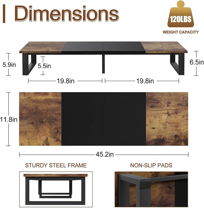 aboxoo 45" TV Riser Stand for 32-60 Inch TV, TV Shelf with Steel Legs | Brown TV Riser Stand with Storage, Tabletop TV Riser for Home Living Room, Study Office, Fit TV, Monitor, Laptop