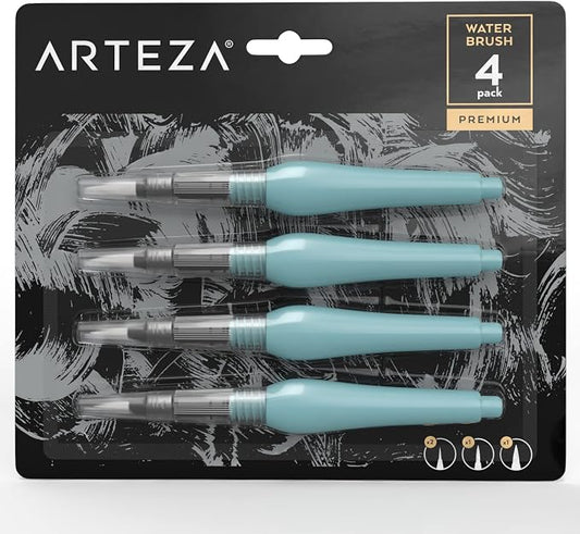 ARTEZA Water Brush Pens, Set of 4, Refillable Self-Moistening Watercolor Brush Pens with Assorted Round Nylon Tips for Painting, Calligraphy, Lettering and Travel