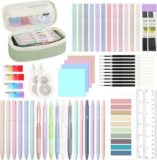MoKo Pencil Case with Supplies, 56Pcs Aesthetic School Set, Green | Includes 12 gel pens, 12 highlighters, 6 mechanical pencils, refills, sticky notes, index tabs, rulers and correction tapes.