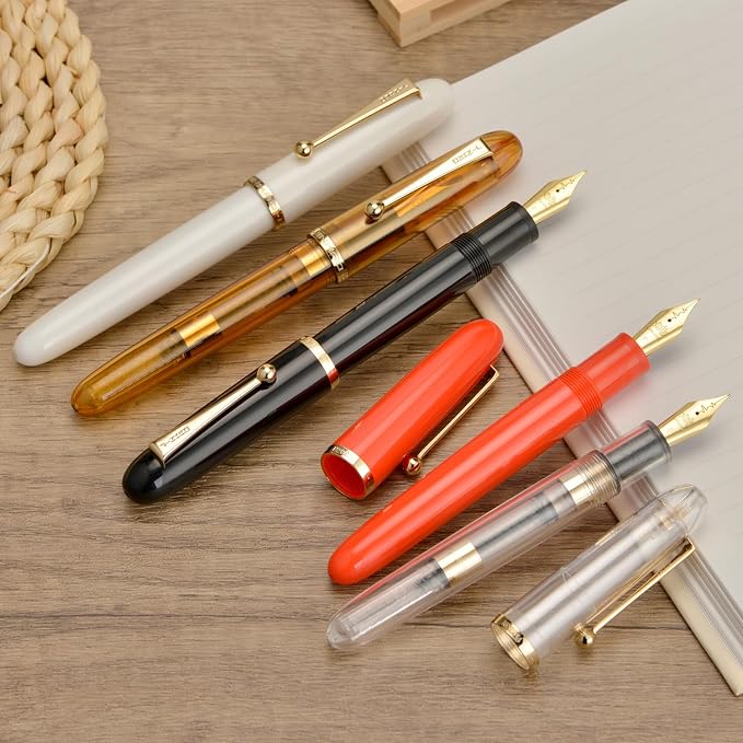 Jinhao 9016 Fountain Pen Fine Point, Dadao Series White Acrylic Heartbeat Nib with Large Converter for Writing, Signature and Calligraphy