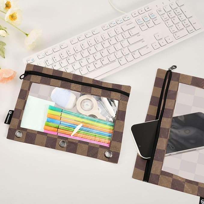 ALAZA Brown Checkerboard B Pencil Pouch for 3 Ring Binder 2 Pack Zipper Binder Pencil Bag Case with Clear Window Office Supplies