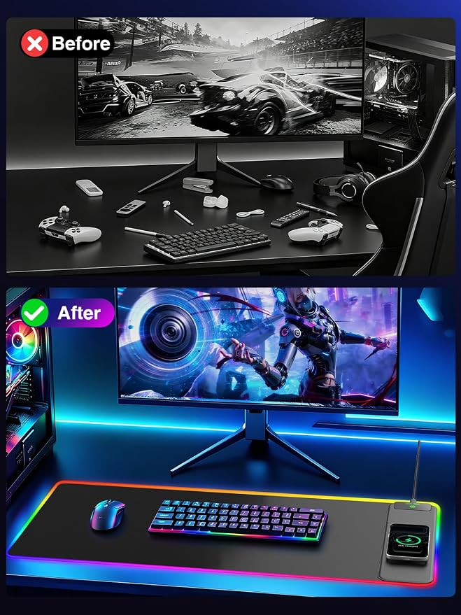 Wireless Charging Mouse Pad Gaming, 31.5"x15.8" Large Desk Mat, Waterproof | RGB Mousepad, Smooth Glide, Stitched Edge, Non-Slip Rubber Base, Desk Pad Computer Keyboard Mat, No Adapter