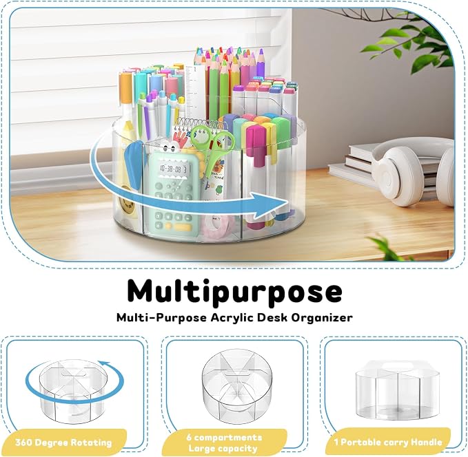 SUPEASY Acrylic Rotating Pencil Holder, 360° Clear Pen & Marker Organizer | Crayon Art Supply Organizer with 6 Compartments and Carry Handle for Desk, Home, Office, Classroom