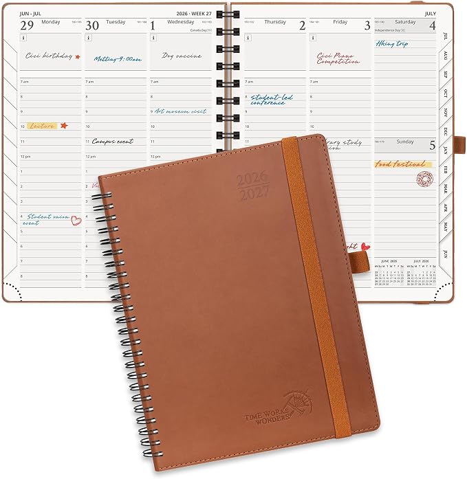 POPRUN Planner 2026-2027 (Medium - 6.5'' x 8.5'') Academic Weekly Planner | Calendar(July 2026 - June 2027) Appointment Book with Hourly Time Slots, Monthly Tabs, 100GSM, Spiral Leather Cover - Brown