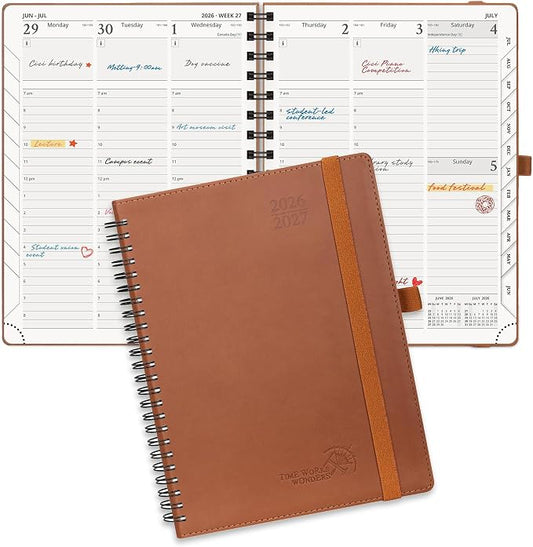 POPRUN Planner 2026-2027 (Medium - 6.5'' x 8.5'') Academic Weekly Planner | Calendar(July 2026 - June 2027) Appointment Book with Hourly Time Slots, Monthly Tabs, 100GSM, Spiral Leather Cover - Brown
