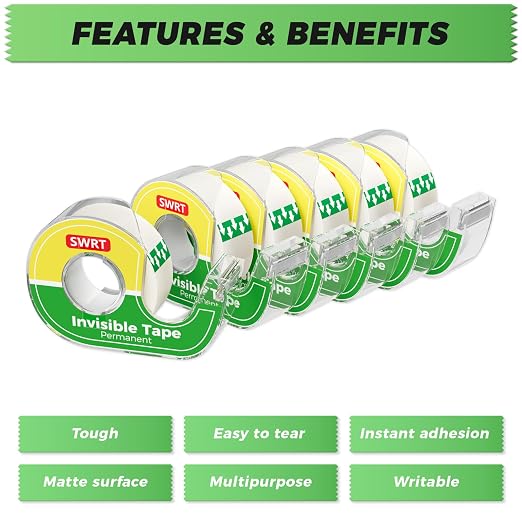SWRT Invisible Tape with Dispensers, 3/4 in x 800 in, 6 Rolls, Matte Finish | Matte Invisible Finish, Writable Surface, Smooth Cutting, Clean Look for Gift Wrapping, Office, School & Home Use