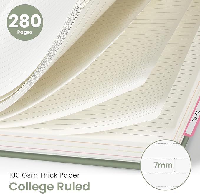 Hardcover Spiral Journal Notebooks for Work With Removable Dividers & Tabs, 8.5"x11" 5 Subject Notebook for Note Taking & Organizer, A4 College Ruled Lined Journal for Women & Writing, Green, 280 Pages
