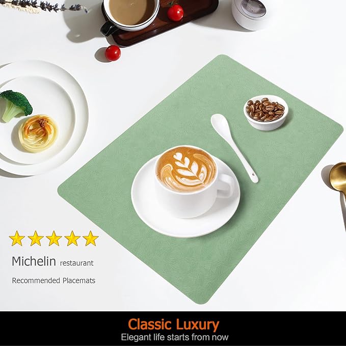 Green Plastic Placemats Set of 4, Faux Leather Waterproof Table Mats | Green Vinyl placemats,Wipeable and heat resistant table mats.Easy to clean,great for indoor and outdoor
