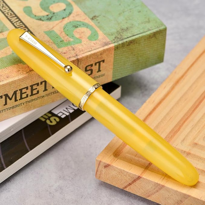 Jinhao 9019 DaDao Series Fountain Pen, Size 8 Fine Heartbeat Nib with Large Ink Converter, Yellow Jade Acrylic Design Smooth Writing Pen (Gold Trim)