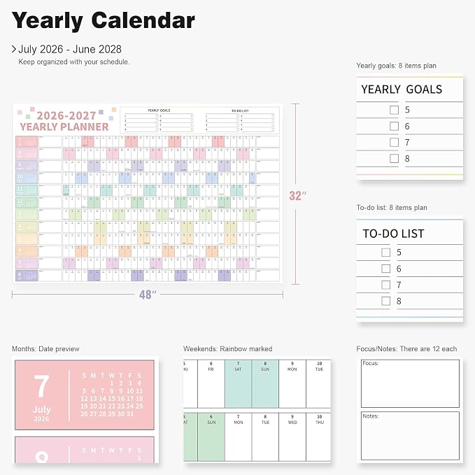 Ospelelf 2026 Wall Calendar Large 32'' x 48'' Dry Erase Laminated Calendar for Wall, 24 Month Big Family Calendar, Use July 2026 - June 2028 (Multicolor)