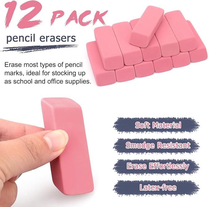 Tamaki Large Erasers, Pink, Pack of 12 | Pencil Erasers for Drawing, Artist Eraser
