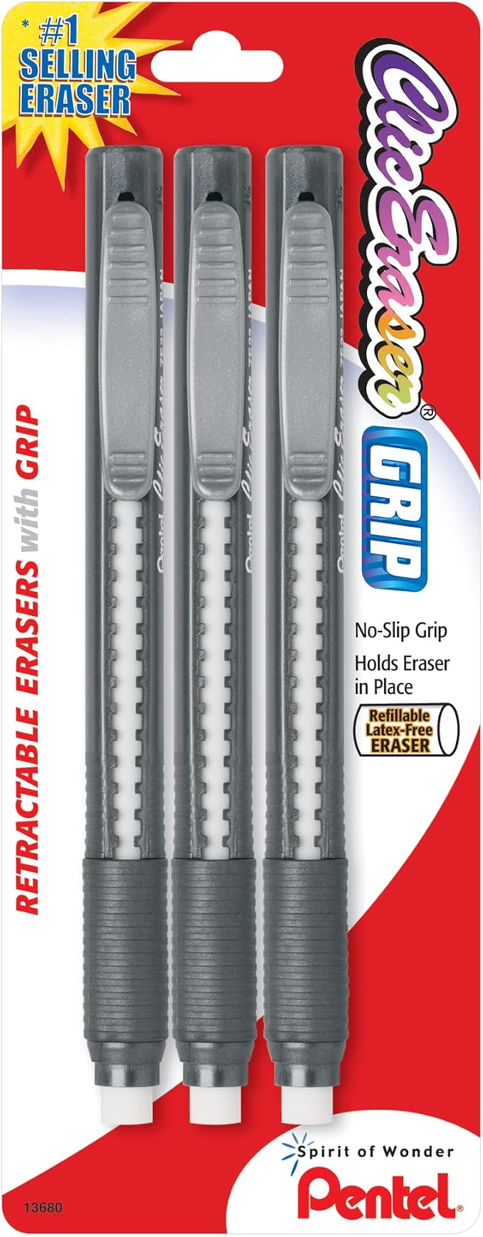 Pentel Clic Retractable Eraser with Grip, Assorted Barrel Colors, Pack of 3 (ZE21BP3K6)