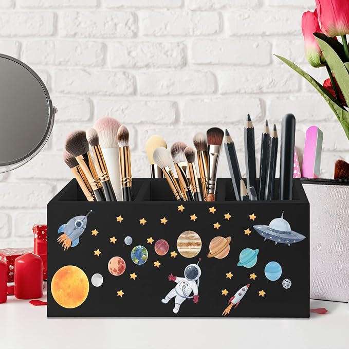 Outer Space Decor Wooden Pen Pencil Holder for Desk, Astronaut Space Themed Bedroom Decor Gift for Kids, The Solar System Wood Makeup Brush Toothbrush Holder Organizer for Library Bedroom