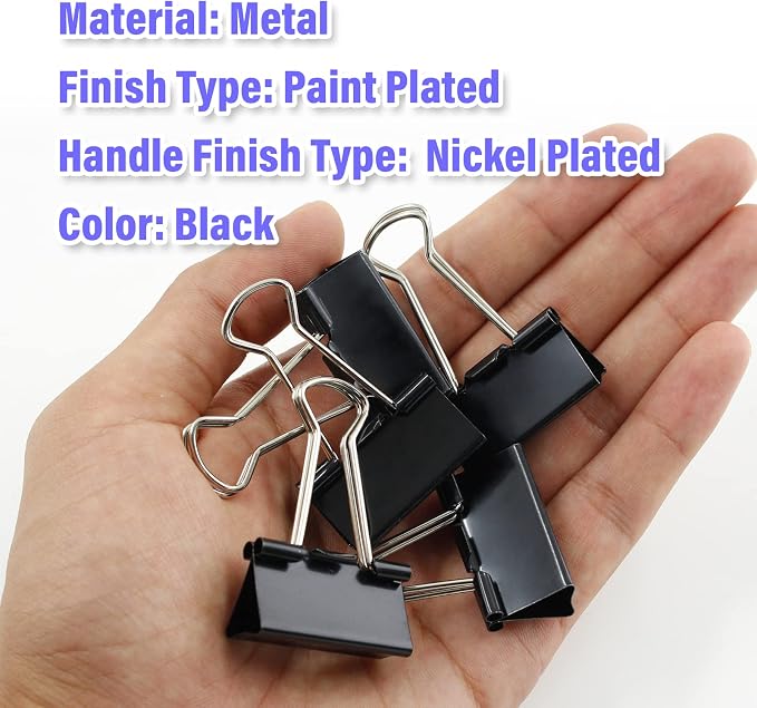 40 Pack 1-1/4" Black Binder Clips, 15mm Capacity Metal Office Clamp | Metal Paint-Plated, 32mm Wide 15mm Capacity, For Paper Document Photo Album School Office Home