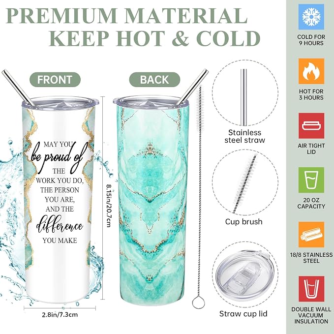 Domensi 6 Pcs Employee Appreciation Gift Set for Women Female Thank You Gift May You Be Proud 20 oz Rustic Marble Sign Tumbler Makeup Bag Journal for Boss Teacher Work Business(Green)