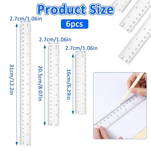 6 Pack Clear Ruler 6 Inch 8 Inch 12 in Flexible Plastic Ruler Small Transparent Rulers Measuring Tool Straight Rulers for Kids, School, Home, Office, Classroom, Drawing, Journaling