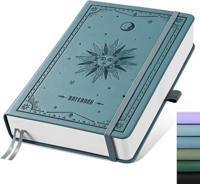 EMSHOI Graph Grid Journal Notebook, 320 Pages, A5 Size (5.7'' x 8.3'') | Leather Hardcover, 100 GSM Thick Paper, for School, Note Taking, Math, Engineering, Sun Debossed (Light Blue)