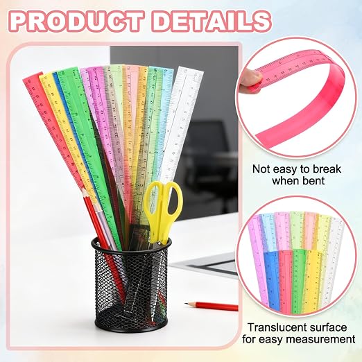 HARFINGTON 5pcs Plastic Rulers 12" (30cm) Clear Straight Ruler Measuring Tool Inches and Centimeters for Home Office Classrooms Drafting, Pink