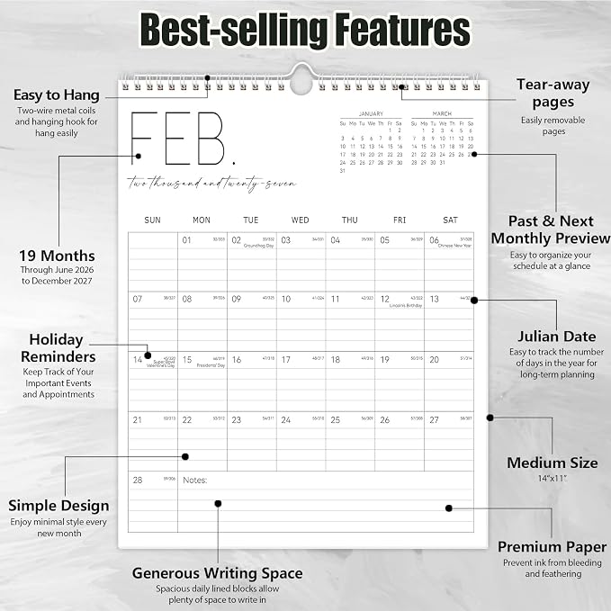 Guasslee Wall Calendar 2026-2027, Vertical Calendar Wall 2026, Jun. 2026-Dec. 2027, 19-Month Paper Calendar Spiral Bound, Monthly Planner Wall for Office School Home Easy Organizing, 14” X 11”
