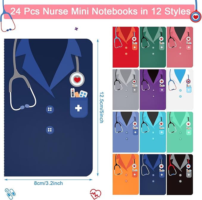 Nezyo 24 Pieces Nurse Mini Notebooks Nurse Appreciation Pocket Notepads Thank You Nurse Memo Pads for Women Men School Nurse Week Birthday Graduation Retirement Gifts Supplies Decoration, 12 Styles