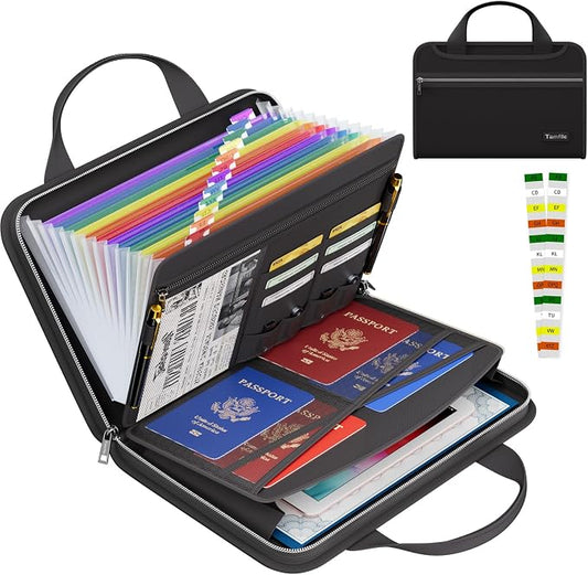 Tamfile Fireproof Accordion File Organizer, Expanding File Folder, Black | 13 Pocket Colorful, Handle, Zipper & Labels, Multi-Pockets Paper Organizer, for Letter A4 Files, Home, Office, School
