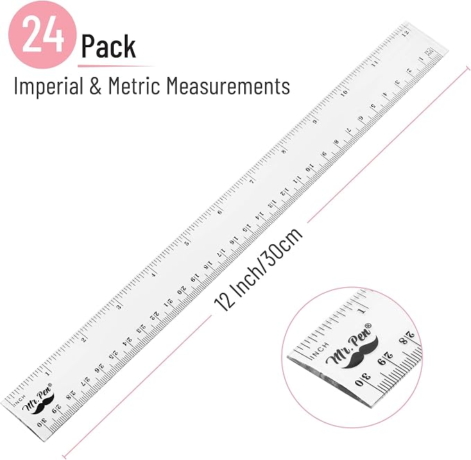 Mr. Pen- Bulk Plastic Rulers, 12 Inch, 24 Pack, Easy-to-Read Markings | Scratch-Resistant Design, Durable Clear Ruler for Crafting Office & School, School Supplies, Transparent Bulk Rulers