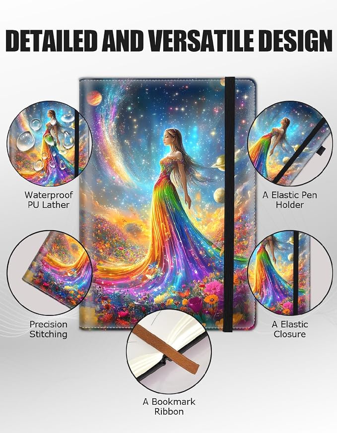 Hardcover Executive Notebooks, A5 PU Leather Lined Journal Notebook, 200 Pages Thick Paper Subject Notebooks for School,Work,Home Writing Business Notebook, Diary Book ，Rainbow Cosmic Garden Girl