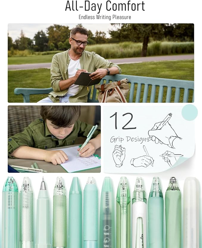 Four Candies Green Pens, Black Gel Ink, Forest - 12ct, 0.5mm Fine Point | Teal School & Office Supplies, Mint Green Pen and Highlighter Set, Smooth Writing