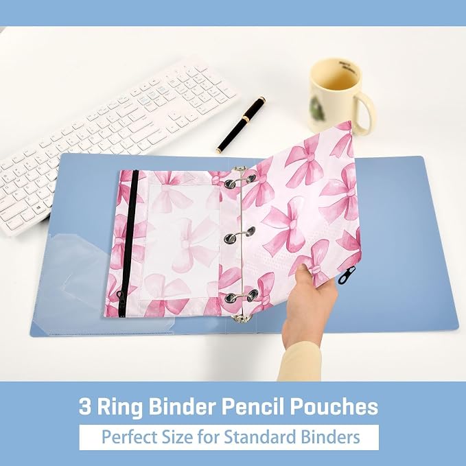 Pink Bows Pencil Pouch Fits standard 3-ring binders, Zipper Binder Pencil Bag with Clear Window for Office 2 Pack