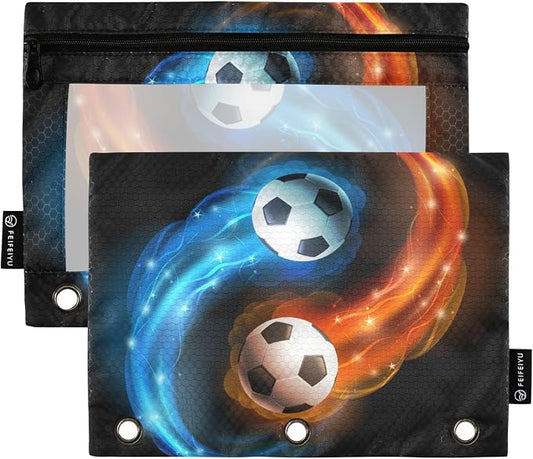 Soccer Ball Flames Print Pencil Pouch for 3 Ring Binder 2 Pack Binder Pencil Case with Clear Window Pencils Bags with Zipper for Office Daily College Home Supplies