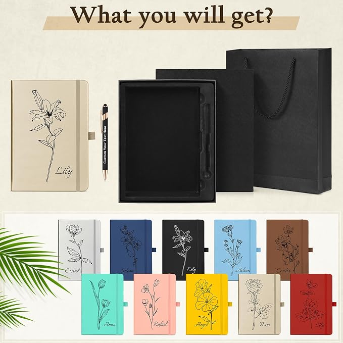 ENOMY Personalized A5 Notebook & Pen Set Custom PU Leather Journal 200 Lined Pages Custom Notebook with Gift Box Journals for Writing College Birthday Business Gift, Black