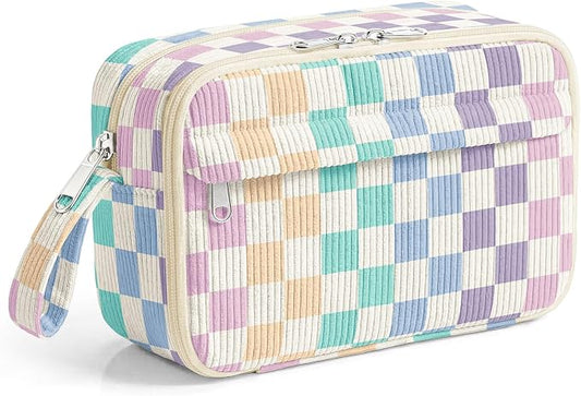 WOBAGMEN Cute Pencil Case,Large Corduroy Zippered Pencil Case Pouch, aesthetic Pencil Bag with Compartments, Pencil Pouch School Supplies (Colorful checked)