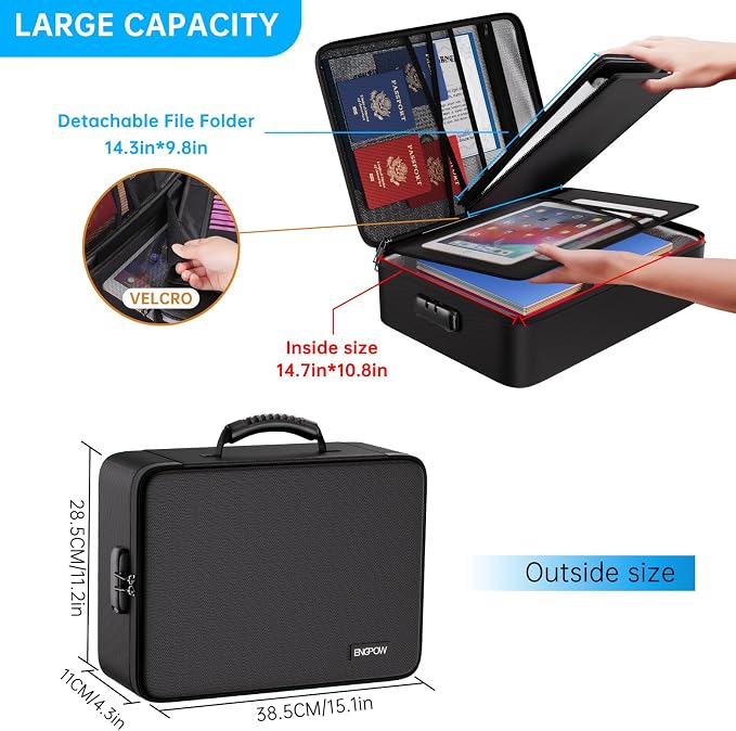 ENGPOW Fireproof Document Organizer Bag with Lock ＆ Accordion File Folder | 5200℉ Multi-Layer File Organizer Box with Lock ,Heat Insulated, Water Resistant, Safe Storage for Home Office Travel, Black