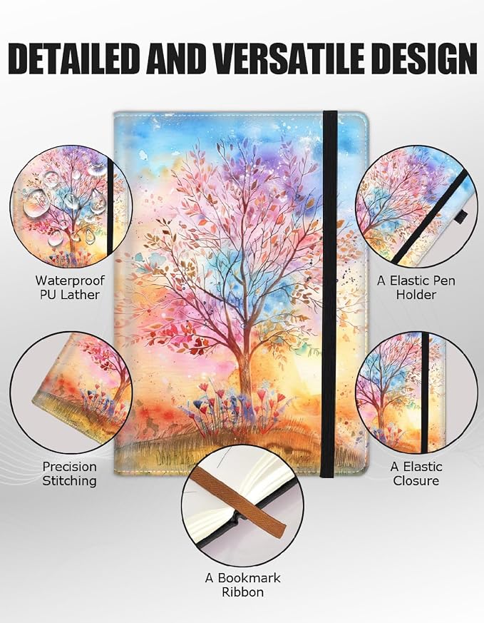 Hardcover Executive Notebooks, A5 PU Leather Lined Journal Notebook, 200 Pages Thick Paper Subject Notebooks for School,Work,Home Writing Business Notebook, Diary Book ，Watercolor Tree Painting