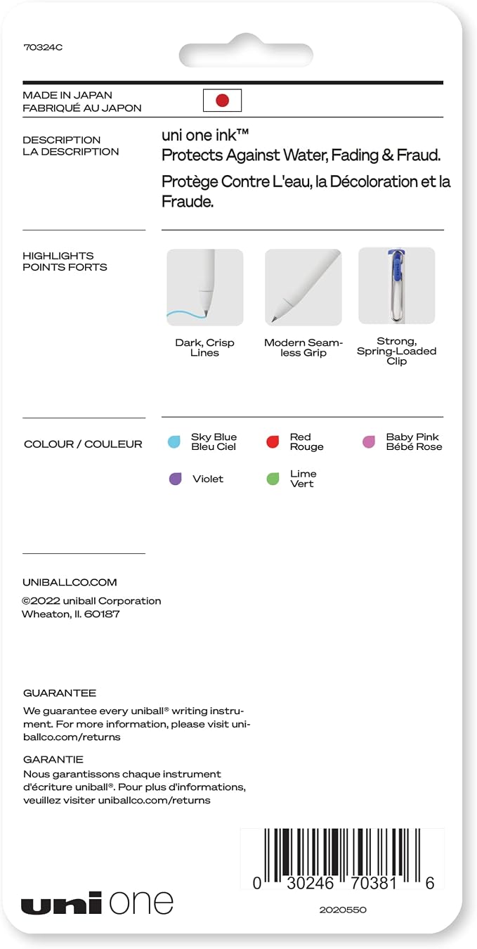 uniball™ one Gel Pens, Medium Point (0.7mm), Assorted Ink, 5 Pack | Ink stays on top of paper fibers for crisp vivid lines, wire pocket clip, color indicator top, smooth barrel & rubber grip