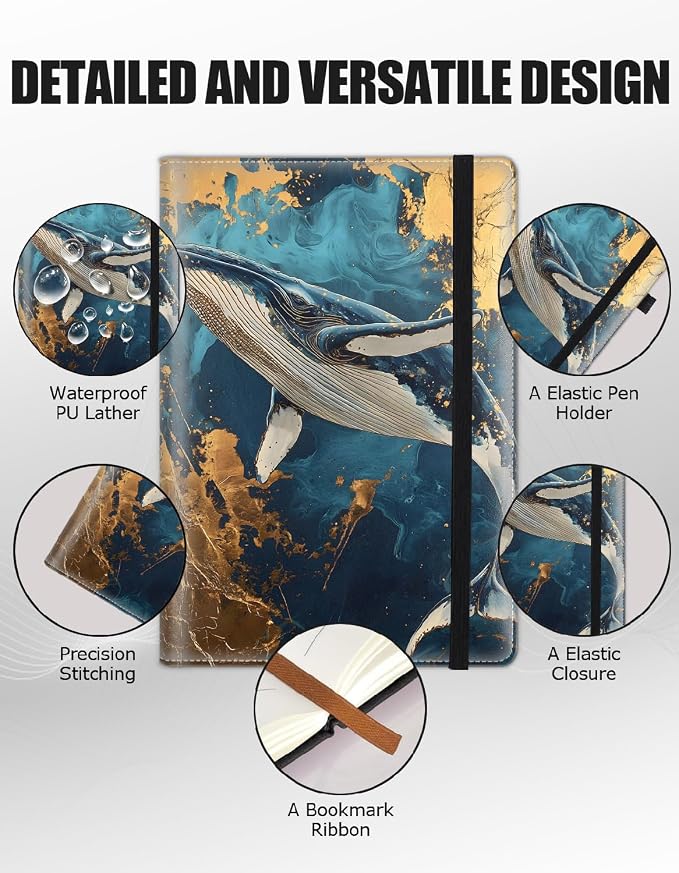 Hardcover Executive Notebooks, A5 PU Leather Lined Journal Notebook, 200 Pages Thick Paper Subject Notebooks for School,Work,Home Writing Business Notebook, Diary Book ，Whale