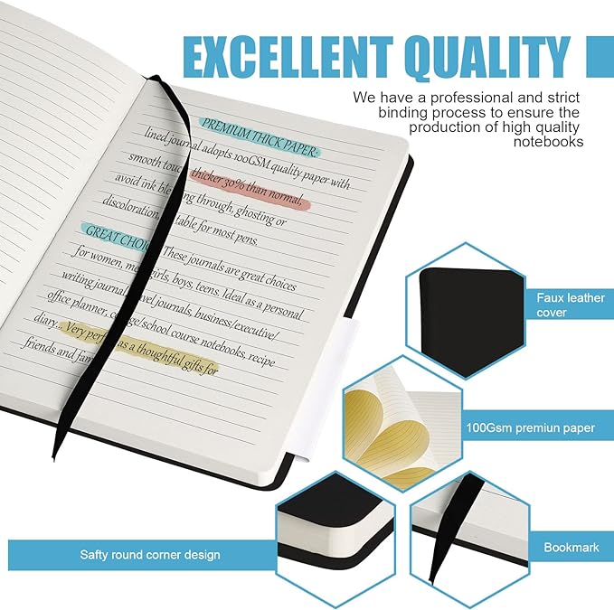 Lined Journal Notebook, 6Pack Hardcover Notebook for Men & Women – Journals for Writing, Work, School, Home & Daily Notes, 160 Pages – Medium A5, 5.7"x8", 100 gsm Thick Paper (Black)