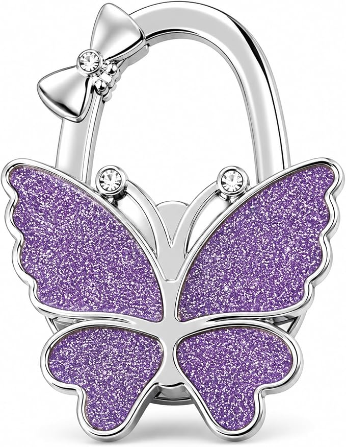 Purse Hook for Table, Foldable Handbag Hanger for Women, Portable Bag Holder with Non-Slip Base, Cute Matte Purple Butterfly Purse Table Hook for Restaurant Office Travel Gift