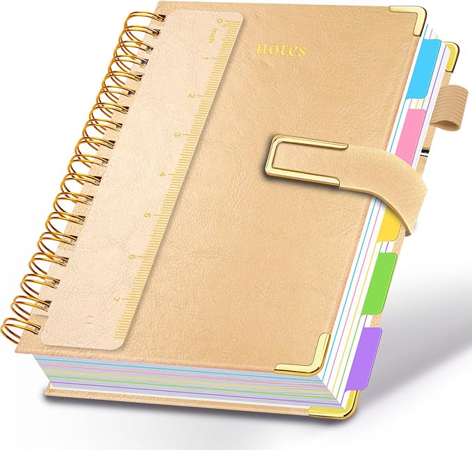 Hardcover Spiral Notebook College Ruled, 6.2"x 8.2" Leather Journal Notebook with Magnetic Closure, 300 Pages 5 Subject Notebook with Dividers Tabs Journal for Women Men, Work, School(Golden)