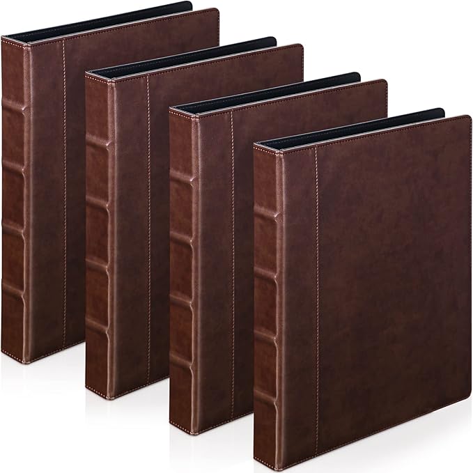 Yexiya 4 Pcs Vintage Hardback 3 Ring Binder Planner Portfolio Leather Round Ring Binder Organizer Holds 200 Sheets with 2 Inner Pockets, 13 x 10 Inch(1 Inch,Brown)