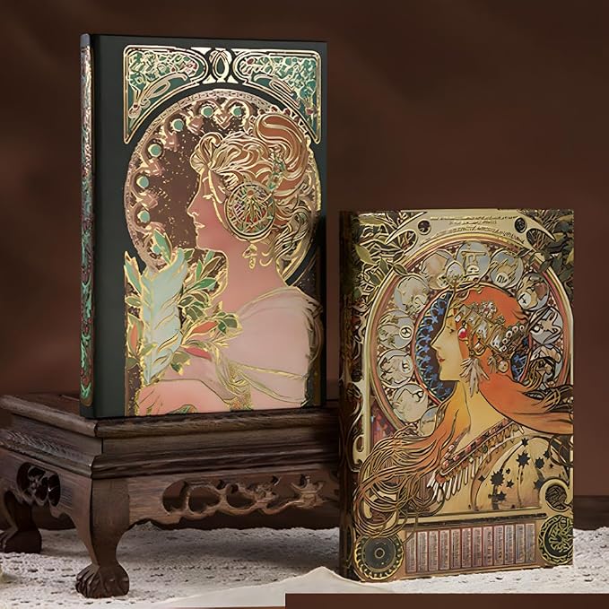 Pretty Journal for Women, Gilded Hardcover Notebook, B6, 5x7, Beautiful, Colorful Page, Fancy Notebook for Personal Writing, Alphonse Mucha Feather, Gift for Female Friend