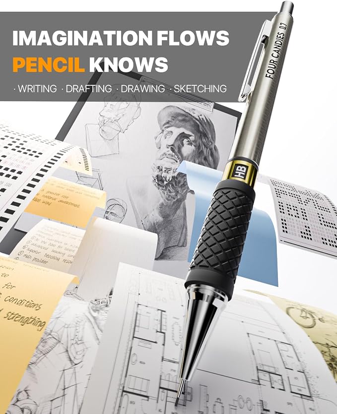 Metal Mechanical Pencil Set, 0.7mm Medium Point, 3-Pack with Storage Case | 360 Leads, 3 Erasers+9 Refills, Non-Slip Grips, For School Writing, Sketching, Art Drawing & Professional Drafting