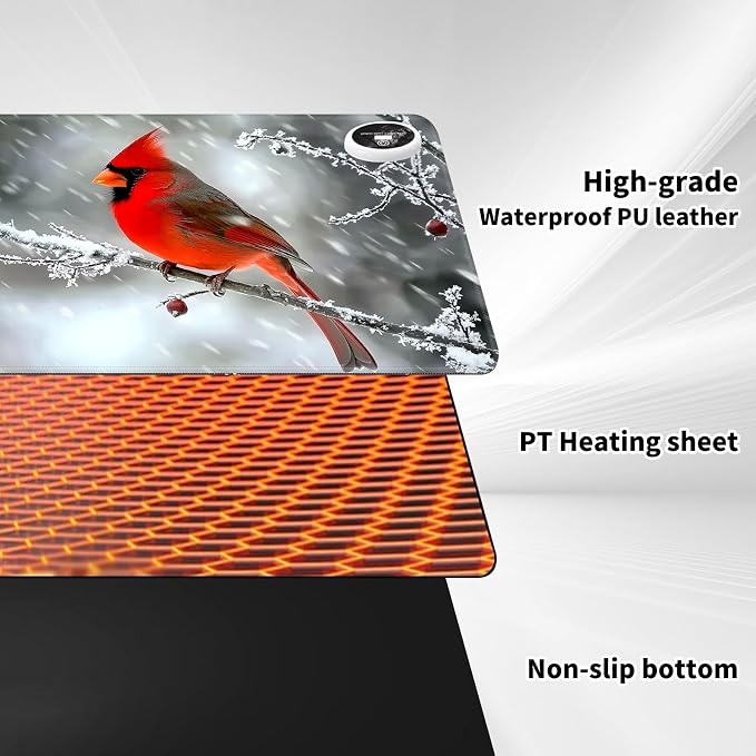 Warm Desk Pad,Heated Desk Pad,Office Mat,3 Heating Levels & 3 Hours Auto Shut-Off,31.5"*13" Gaming Mouse Laptop Keyboard Leather Desk Mat,Red Main Cardinal Bird